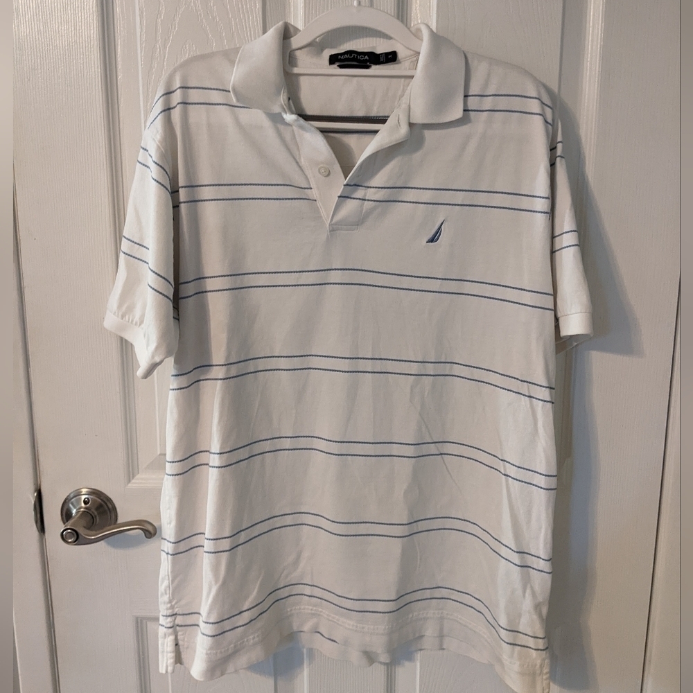 Nautica Men's 100% Cotton Classic Logo‎ Polo White with Blue Stripes Size Medium